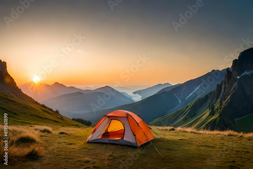  camping tent high in the mountains at sunset photo