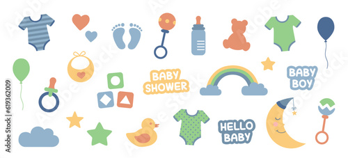 colorful set of baby utensils baby boy collection isolated on white vector illustration EPS10 © krissikunterbunt