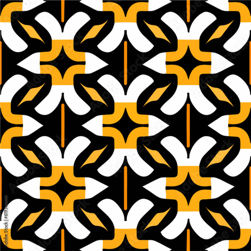Striking black and white pattern with vibrant orange accents  designed as a decorative border pattern or a repeating fabric pattern with aizome influences.