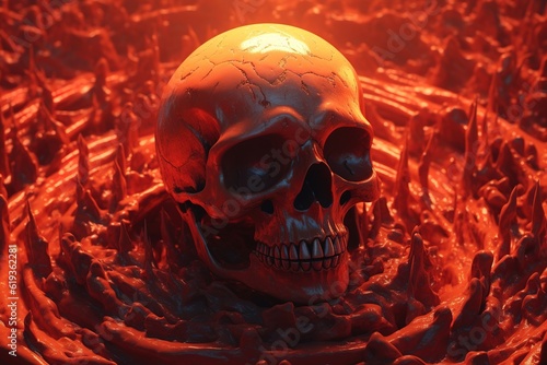 Human skull in blood, head bones in red liquid. Hell, mysticism, horror, death concept