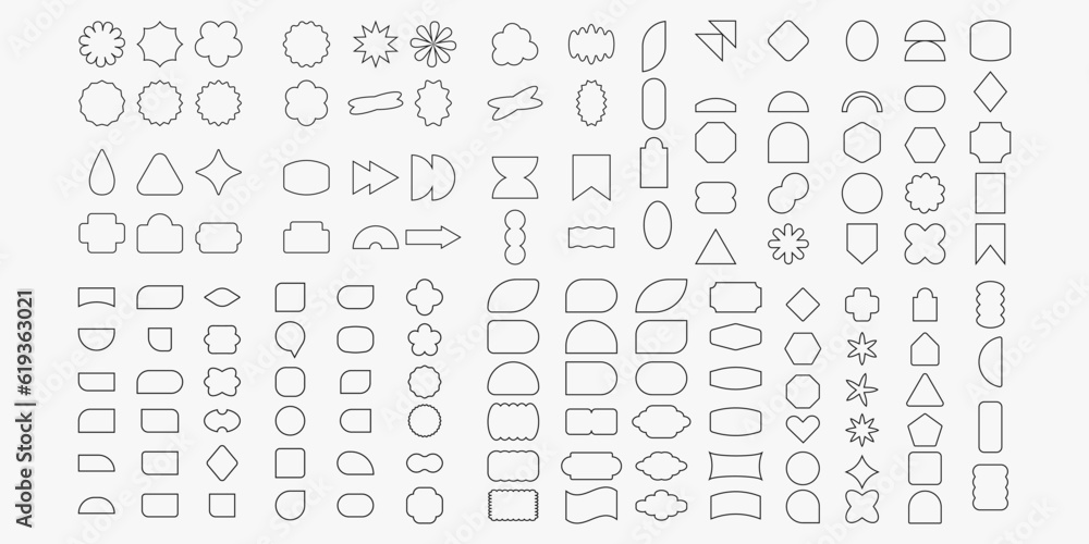 Vector set of Cool minimalistic Badges. Collection of Abstract Geometric Shapes. Y2K Label Graphic Elements.