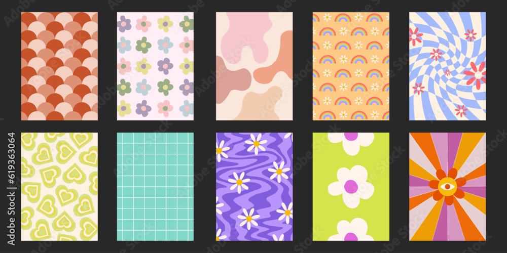 Cool Groovy Pattern Posters Collection. Set of Y2K Textures. Trendy Abstract Backgrounds.