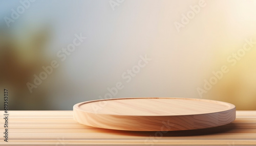 Empty beautiful round wood tabletop counter on interior in clean and bright with shadow background, Ready, clear background, Banner, for product montage