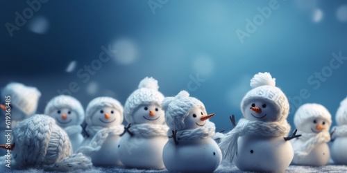 little knitted snowman on soft snow on blue background. Created with generative AI technology.