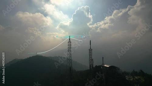 Closeup aerial view around of the telecommunication tower. Telecom tower antennas and satellite transmits the signals of cellular 5g 4g mobile signals and their radio waves works on a long distance