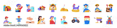Local organic production set. Agricultural workers planting and gathering crops, working on tractor, farmer selling fruits and vegetables, farm animals, farmhouse. Flat cartoon vector 