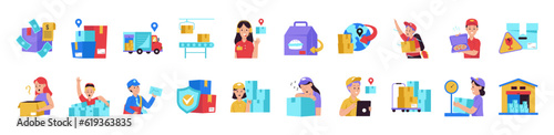 Delivery service transport types set. Walking courier, delivering on bicycle, scooter, bike, car, van, lorry, different vehicles. Flat graphic vector illustrations isolated on white background 