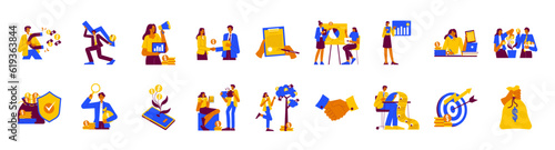 Business and finance concept illustrations. Set of people vector illustrations in various activities of business, management, payment, market research and data analysis, communication. 
