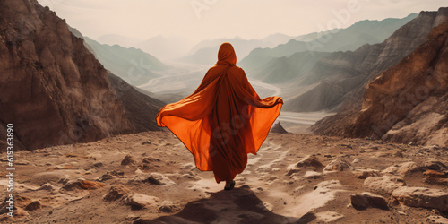 woman in a waving orange dress in the desert