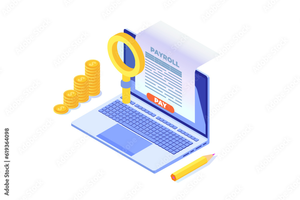 Invoice paper, payroll, salary payment isometric concept. Vector illustration Invoice paper, payroll, salary payment isometric concept. Vector illustration