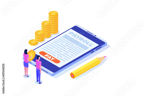 Invoice paper, payroll, salary payment isometric concept. Vector illustration