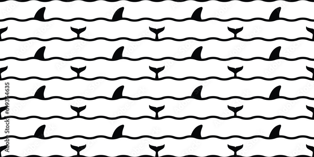 shark fin seamless pattern dolphin tail whale wave ocean vector fish gift wrapping paper tile background repeat wallpaper animal cartoon illustration sea ocean doodle design scarf isolated - obrazy, fototapety, plakaty 