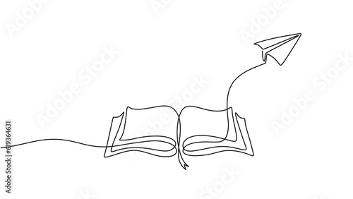 Opened book and flying paper plane continuous one line drawing. Hand drawn line art vector illustration, Creative strategy and education innovation, Minimalist simple contour design.