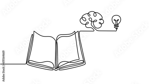 Book one line drawing, continuous vector education and literature with brain and light bulb. Concept of creative thinking and idea. Minimalist contour hand drawn metaphor line art.