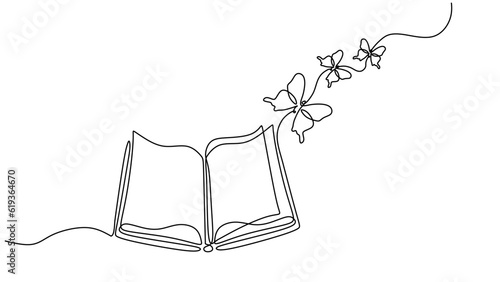 Flying book one line drawing with butterfly. Continuous hand drawn contour vector. Illustration of Creative and freedom.