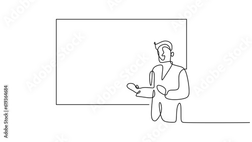 Continuous line drawing business person presentation. One hand drawn single line art vector illustration. People standing with empty board.
