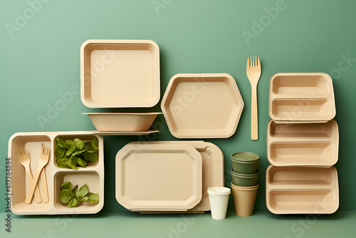 Eco-friendly tableware set. Kraft paper utensils, paper containers and cups on blue background. Street food paper packaging and now waste concept. Generated AI