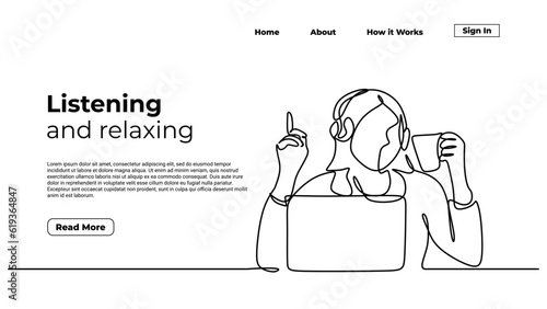 Listening and relaxing one continuous line drawing, Fun woman with laptop and coffee listen to music entertainment. Concept of happy and relax working.