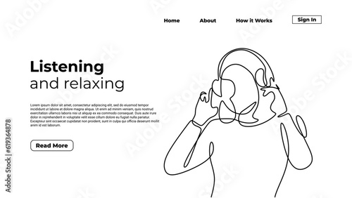 Happy woman listening music, continuous one line drawing. Vector illustration cheerful girl hearing entertainment audio. Landing page template .