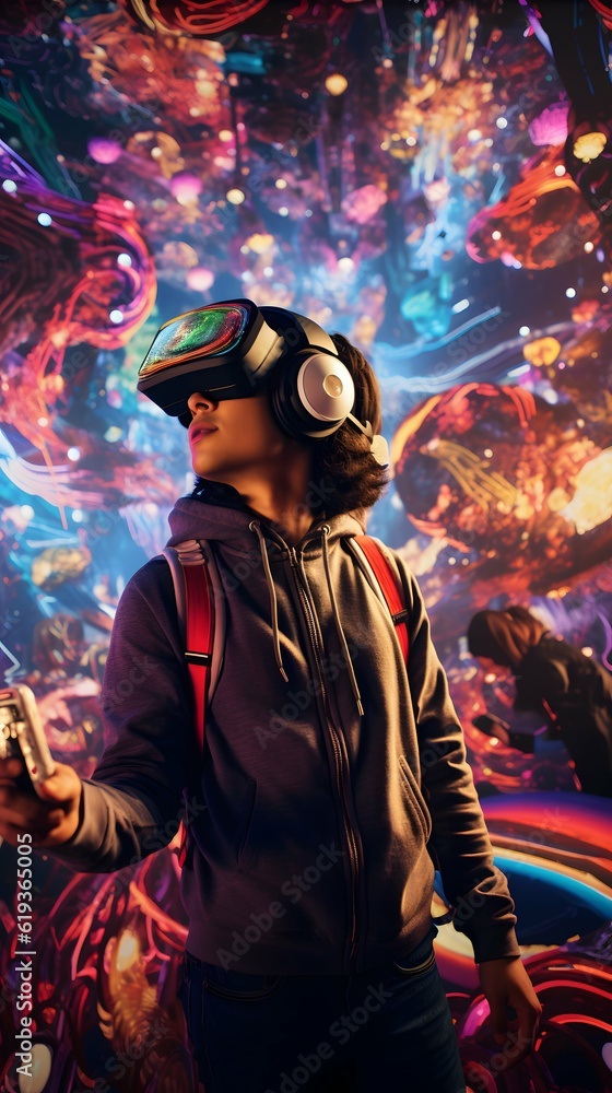 Obraz premium Young person engrossed in an immersive augmented reality experience, visualized in a neon-lit room, creating an atmosphere of excitement and wonder. Generative AI.