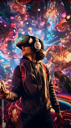 Young person engrossed in an immersive augmented reality experience, visualized in a neon-lit room, creating an atmosphere of excitement and wonder. Generative AI.