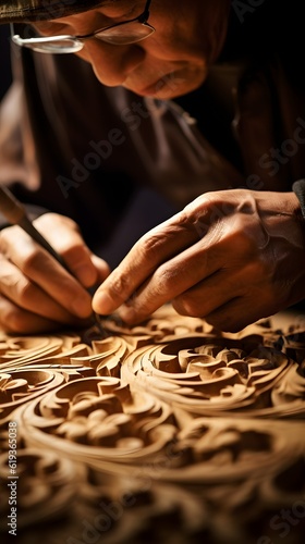 Image of a skilled artisan meticulously carving intricate patterns into wood, embodying the concepts of craftsmanship, tradition, detail, patience, and artistry. Generative AI.