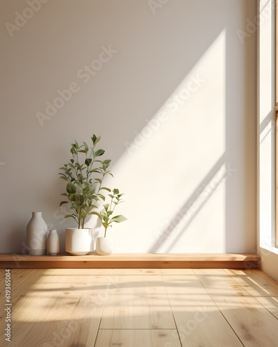 Peaceful image of a minimalist home interior, embodying the ideas of minimalism, tranquility, design, simplicity, and harmony, shot during the soft light of afternoon. Generative AI.