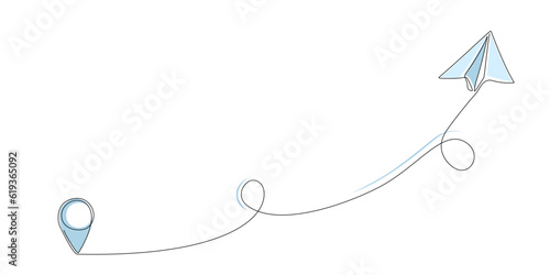 Single line drawing of paper airplane wit destination line path of flight route with starting point location. Continuous one line drawing for business, travel or journey illustration. Editable stroke