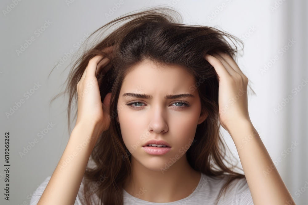 Portrait of Young beautiful woman has headache with hands on her head. generative AI Portrait of Young beautiful woman has headache with hands on her head. generative AI