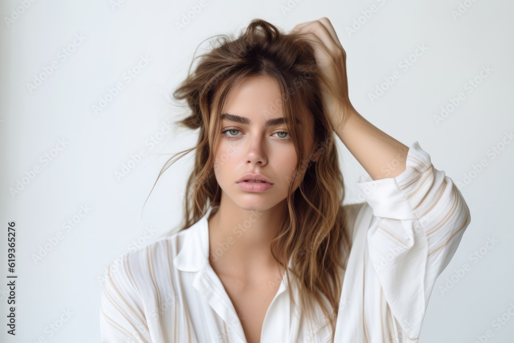 Portrait of Young beautiful woman has headache with hands on her head. generative AI Portrait of Young beautiful woman has headache with hands on her head. generative AI