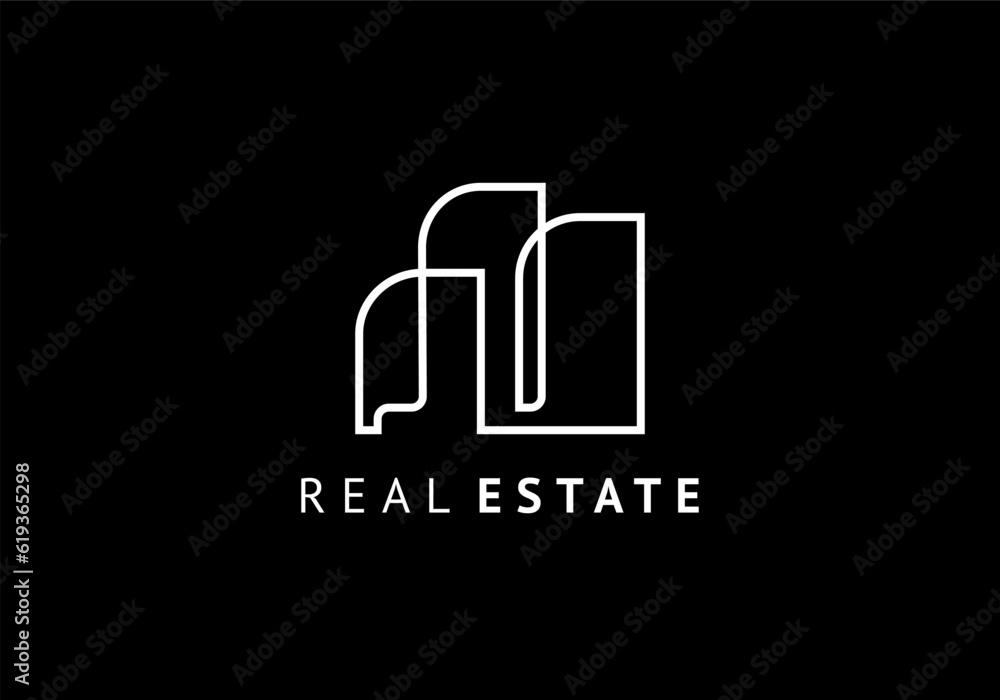 Real estate line logo vector template. Building minimalist with simple outline drawing. Modern white line on black background. Real estate line logo vector template. Building minimalist with simple outline drawing. Modern white line on black background.