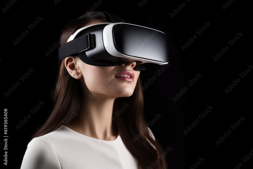 Young woman using virtual reality googles, VR, future gadgets, technology, virtual event, education, learning, Portrait of modern girl using vr glasses over black background. generative AI Young woman using virtual reality googles, VR, future gadgets, technology, virtual event, education, learning, Portrait of modern girl using vr glasses over black background. generative AI