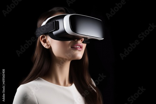 Young woman using virtual reality googles, VR, future gadgets, technology, virtual event, education, learning, Portrait of modern girl using vr glasses over black background. generative AI © matteo