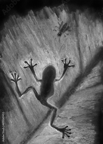 The tree frog hunts an insect. Isolated on black background. Hand drawn chalk picture with paper texture. Raster