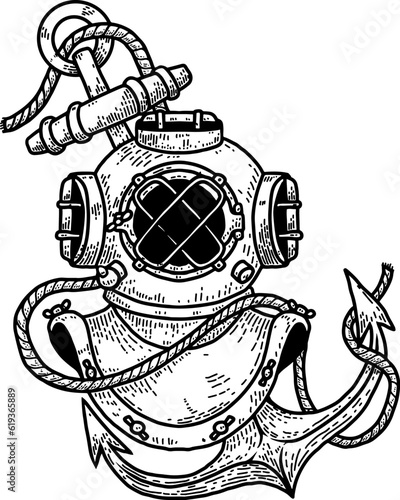 Vintage diver helmet with anchor. Nautical dive helmet with anchor. Design element