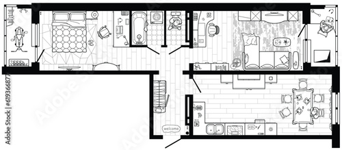 Planning of the apartment with arrangement furniture. Architectural drawing of the house (top view). Interior design  floor plan from above. Vector layout