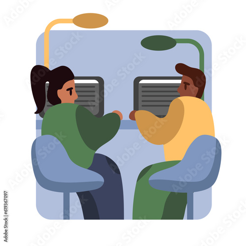 Cartoon characters working in open space area. Male and woman talking in office. Teamwork communication and digital technologies. Concept of coworking center. Vector flat illustration