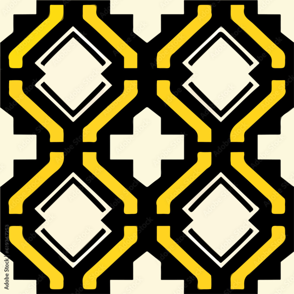 Fototapeta premium This striking black and yellow pattern on a white background features an art deco and Shipibo influence, creating a captivating and symmetric design.