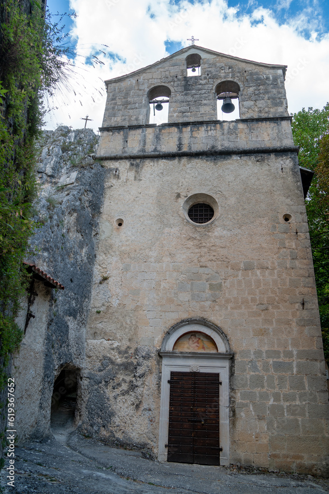 Exterior facade of the Sanctuary of the Madonna d'Appari, in the hamlet of Paganica in the city of L'Aquila, located just outside the town and declared a national monument in 1902, Abruzzo, Italy