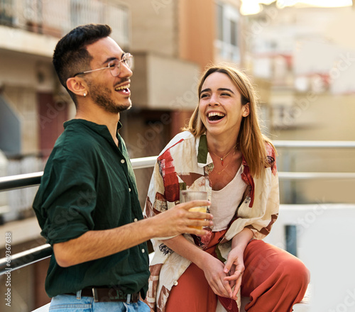 Canvas Print woman man rooftop friend youth young party friendship talking fun happy outdoor