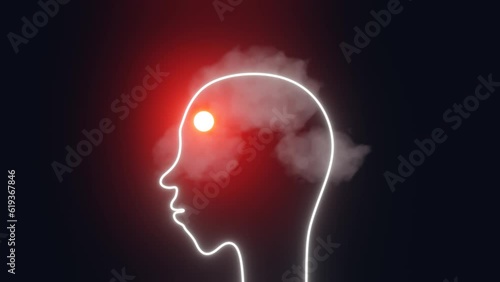 Headache Migraine Human head silhouette with clouds instead of brain 3d animation loop 4K. Mental health Patient suffering from severe pain High blood pressure Hypertension Fatigue Emotional stress.