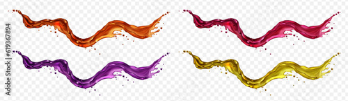 Realistic set of color liquid splashes isolated on transparent background. Vector illustration of olive oil, lemonade, fruit juice, wine, beer, petrol, waves with droplets. Vitamin drink advertising