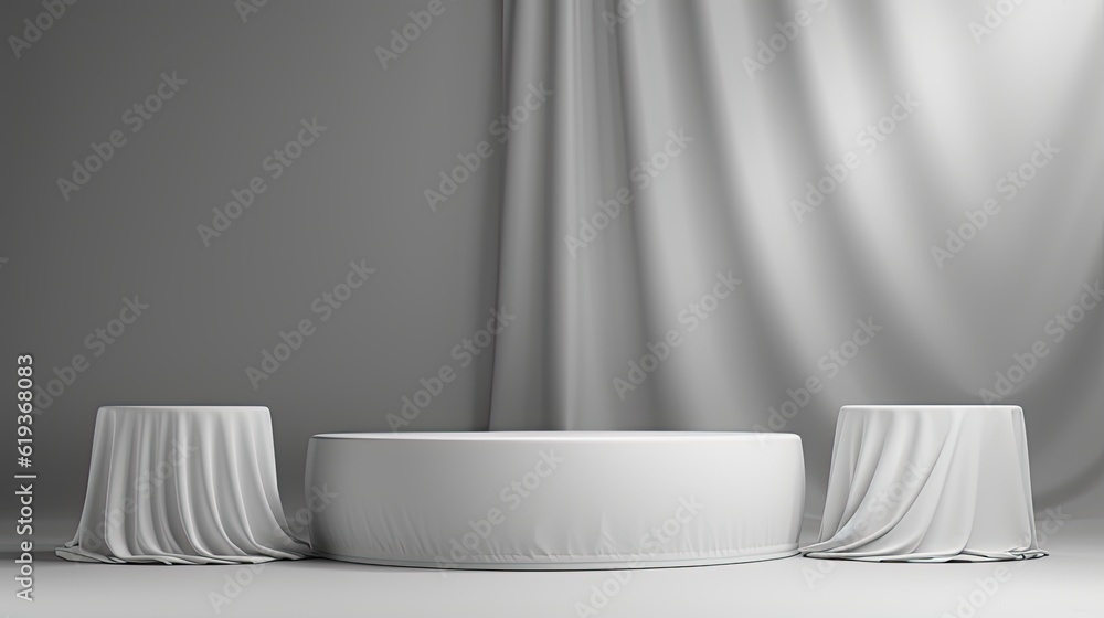 Set of white cylinder pedestal podium on white table in white background and curtain texture Set of white cylinder pedestal podium on white table in white background and curtain texture