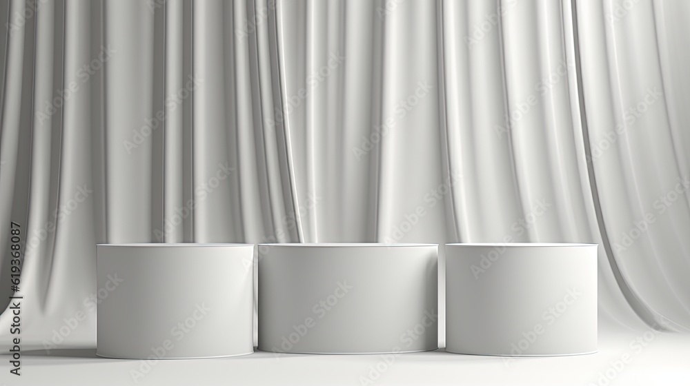 Set of white cylinder pedestal podium on white table in white background and curtain texture Set of white cylinder pedestal podium on white table in white background and curtain texture