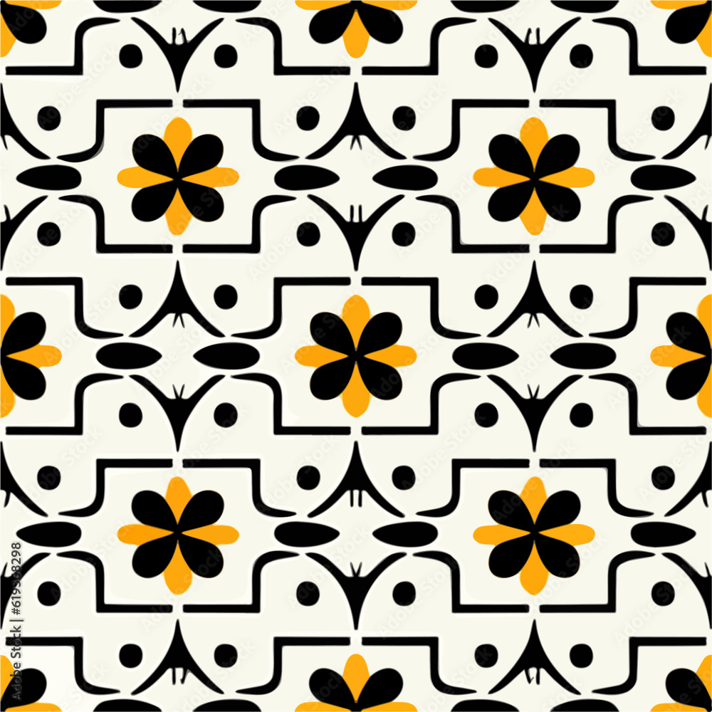 Fototapeta premium Repeating fabric pattern on a white background, featuring a black and yellow flower pattern. The design is seamless and visually striking.