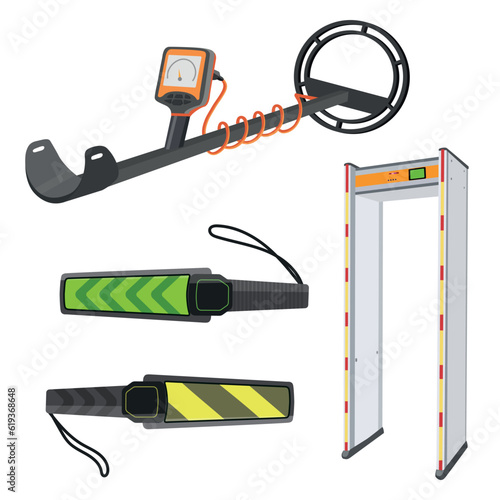 Set of modern metal detectors in a cartoon style. Vector illustration of colored variety of metal detectors: arched, manual, multi frequency isolated on white background.