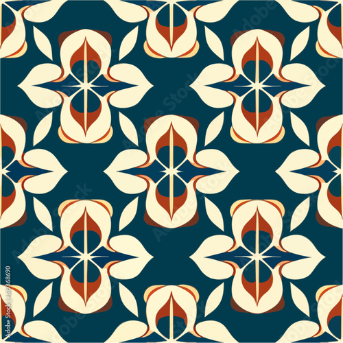 Vibrant blue background adorned with an eye catching orange and white design. This captivating pattern draws inspiration from both art nouveau and art deco styles, while hinting at the allure.