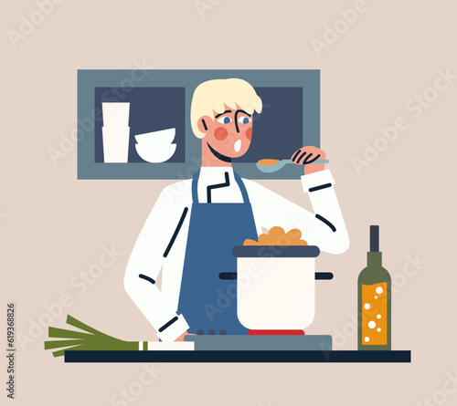 Male standing near stove, holding spoon and tasting soup. Process of cooking food. Concept of food industry. Professional confectioner occupation. Vector flat illustration in blue colors