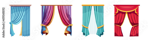 Set of beautiful colored curtains in cartoon style. Vector illustration of window curtains of different shapes: blue, pink, turquoise, red isolated on a white background. Curtains with lambrequin.