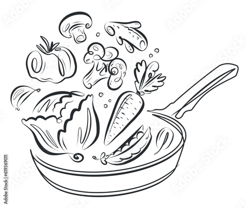 Fresh ingredients and frying pan. Food preparation. Vegetables and spices. Cooking concept vector illustration